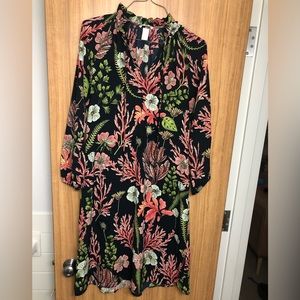 H&M BLACK FLORAL LONG SLEEVE MOCK NECK MIDI SHIFT DRESS SIZE 4